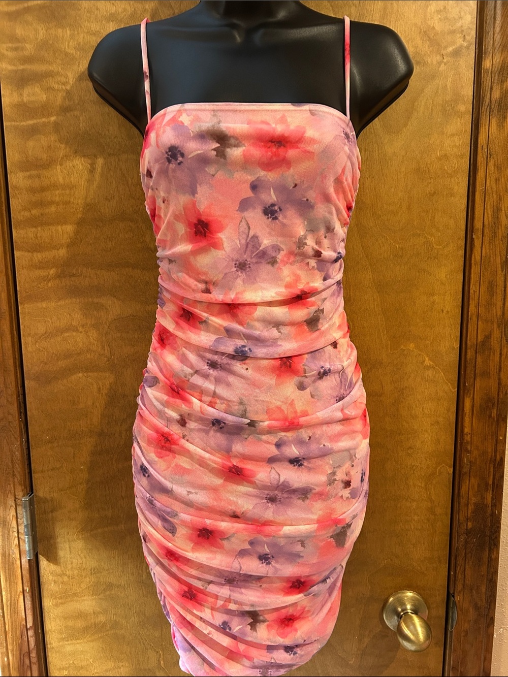 Pink Floral Ruched Spaghetti-Strap Dress - Homecoming